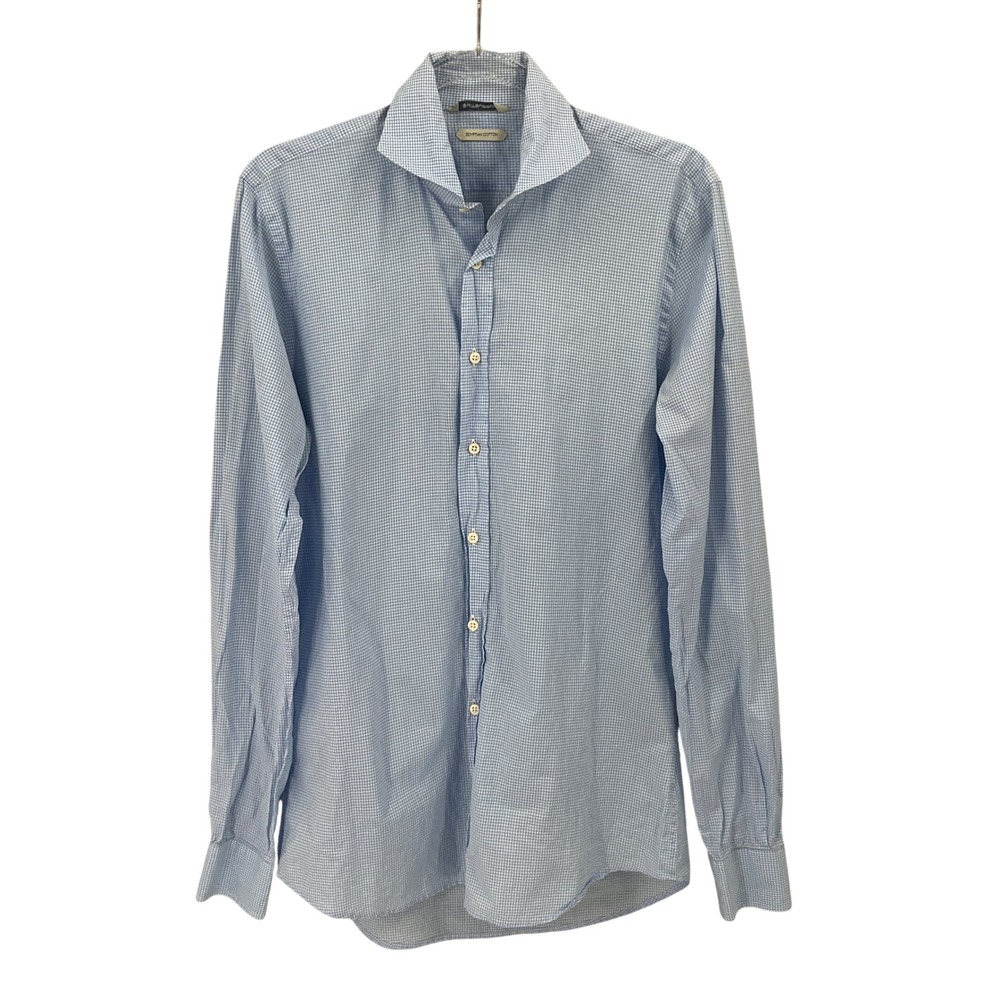 SuitSupply Button Down Shirt Mens 15.75L Blue Gingham Egyptian Cotton Extra Slim